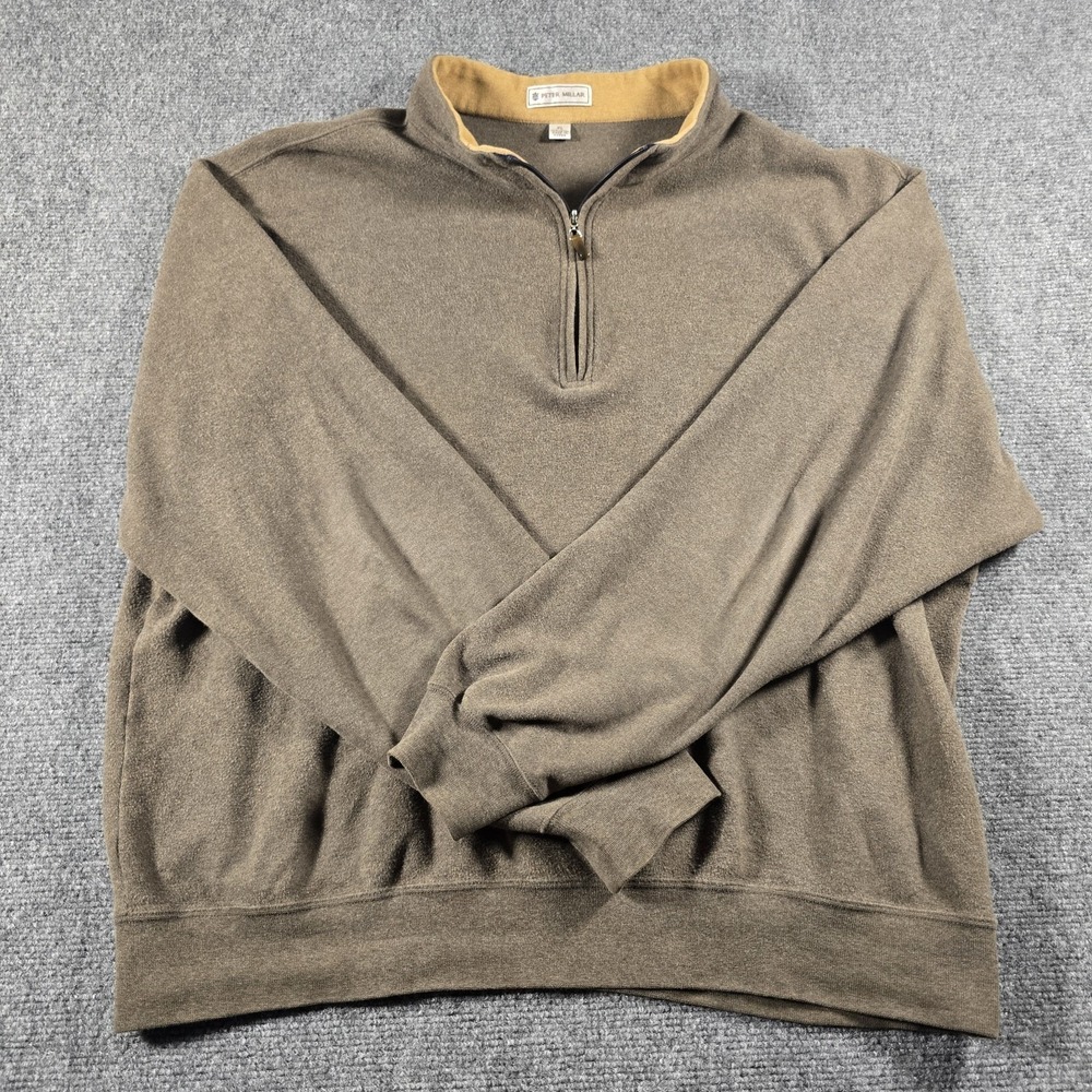 Peter Millar Mens XL 1/4 Zip Sweater Brown Cotton Pullover Casual Korea Preppy